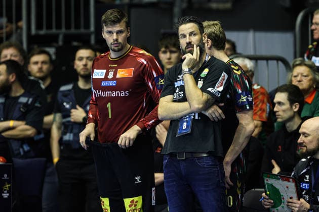 Trainer Bennet Wiegert und Torwart Sergey Hernandez Ferrer (SC Magdeburg,1) - Viertelfinale Handball Machineseeker Champions League Saison 2025-2026 SC Magdeburg vs. SC Pick Szeged in der GETEC Arena in Magdeburg - Handball,Deutschland,07.05.2026