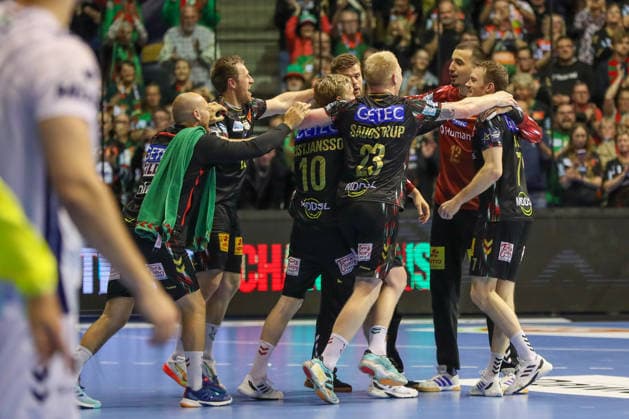 07.05.2026, xgox, Handball - EHF Champions League - 1 4 Finale SC Magdeburg - Pick Szeged v.l. Magdeburg Jubel ueber den Sieg, Jubel nach Spielende Magdeburg