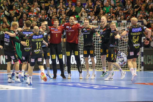 07.05.2026, xgox, Handball - EHF Champions League - 1 4 Finale SC Magdeburg - Pick Szeged v.l. Magdeburg Jubel ueber den Sieg, Jubel nach Spielende Magdeburg