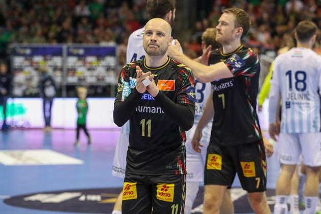 07.05.2026, xgox, Handball - EHF Champions League - 1 4 Finale SC Magdeburg - Pick Szeged v.l. Daniel Pettersson (Magdeburg, 11) Jubel ueber den Sieg, Jubel nach Spielende Magdeburg
