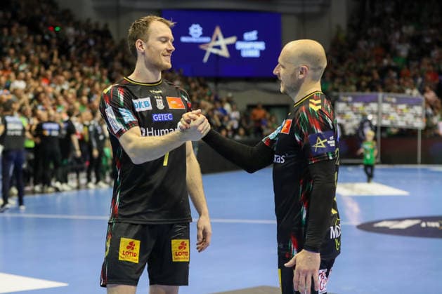07.05.2026, xgox, Handball - EHF Champions League - 1 4 Finale SC Magdeburg - Pick Szeged v.l. Felix Claar (Magdeburg, 7), Daniel Pettersson (Magdeburg, 11) Jubel ueber den Sieg, Jubel nach Spielende Magdeburg