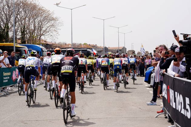 The pack rides cycles during Stage 1 of the Giro d™Italia, from Nessebar to Burgas, Bulgaria, Friday, May 8, 2026.  Copyright: xMassimoxPaolone LaPressex
