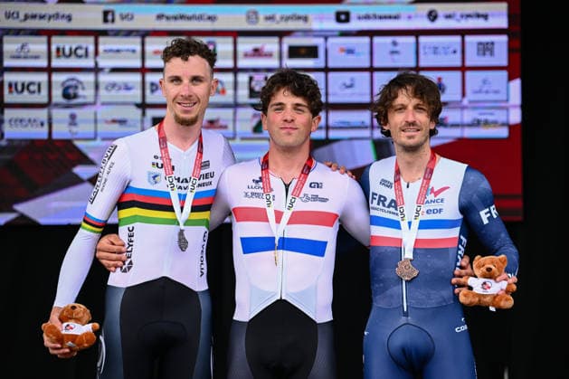 UCI Para Cycling Road World Cup: Round 3 Picture by Olly Hassell SWpix.com - 08 05 2026 - Cycling - UCI Para Cycling Road World Cup: Round 3 - Pescara, Abruzzo, Italy - Men C4 Individual Time Trial (ITT) Podium - Archie Atkinson (Great Britain) receives the Gold Medal, Mattis Lebeau (France) receives the Silver Medal and Kevin Le Cunff (France) receives the Bronze Medal Copyright: x xSWpix.comx(t axPhotographyxHubxLtd)xOllyxHassell SWpix.comx SWP-3030-13926
