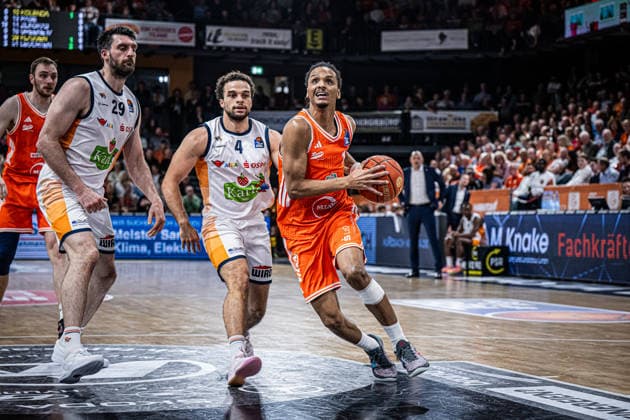 1. Basketball Bundesliga, easyCredit BBL, Saison 2025 2026, Herren, Hauptrunde, 33. Spieltag, 08.05.2026, RASTA Vechta - Rostock Seawolves Alonzo Verge ( 11 - RASTA Vechta) in Aktion Vechta RASTA Dome Niedersachsen Deutschland