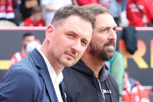 08.05.2026, xrekx, Fussball 2.Bundesliga, 1.FC Kaiserslautern - Arminia Bielefeld v.l. Marcel Klos Sportdirektor (1.FC Kaiserslautern) Thomas Hengen Geschäftsführer Geschaeftsfuehrer (1.FC Kaiserslautern) (DFL DFB REGULATIONS PROHIBIT ANY USE OF PHOTOGRAPHS as IMAGE SEQUENCES and or QUASI-VIDEO) Kaiserslautern