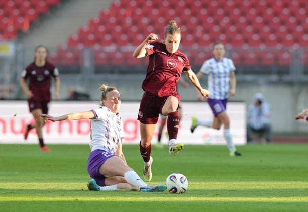 08.05.2026 - Fussball - Saison 2025 2026 - 1. Frauen - Fussball - Bundesliga - 25. Spieltag: 1. FC Nürnberg FCN ( Club ) - SGS Essen - Sportfoto Zink DaMa - xdaxmax - Julia Debitzki (23, SGS Essen ) Nastassja Lein (24, 1. FC Nürnberg FCN )