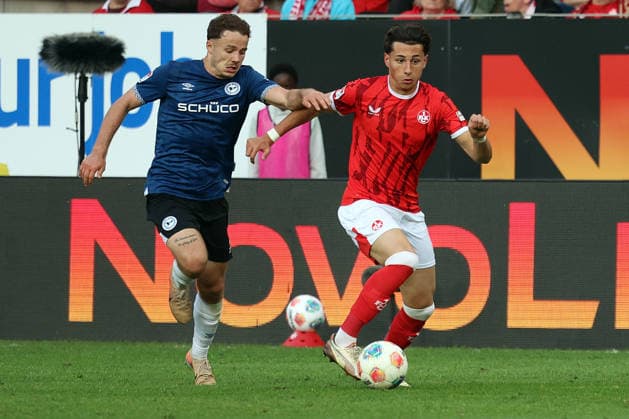 08.05.2026, xrekx, Fussball 2.Bundesliga, 1.FC Kaiserslautern - Arminia Bielefeld v.l. Felix Hagmann (Arminia Bielefeld) Dion Hofmeister (1.FC Kaiserslautern) Zweikampf, Aktion, action, battle for the ball (DFL DFB REGULATIONS PROHIBIT ANY USE OF PHOTOGRAPHS as IMAGE SEQUENCES and or QUASI-VIDEO) Kaiserslautern