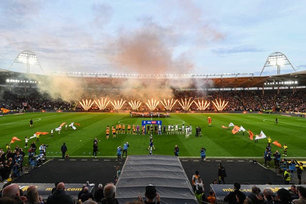 Players walk out, Sky Bet Championship hand shake arch Hull City v Millwall, EFL Sky Bet Championship, Play-Off Semi Final, First Leg, Football, MKM Stadium, Hull, UK - 08 May 2026Hull MKM Stadium United Kingdom EDITORIAL USE ONLY No use with unauthorised audio, video, data, fixture lists, club league logos or live services. Online in-match use limited to 120 images, no video emulation. No use in betting, games or single club league player publications. Copyright: xGreigxCowie Shutterstockx 16861583as