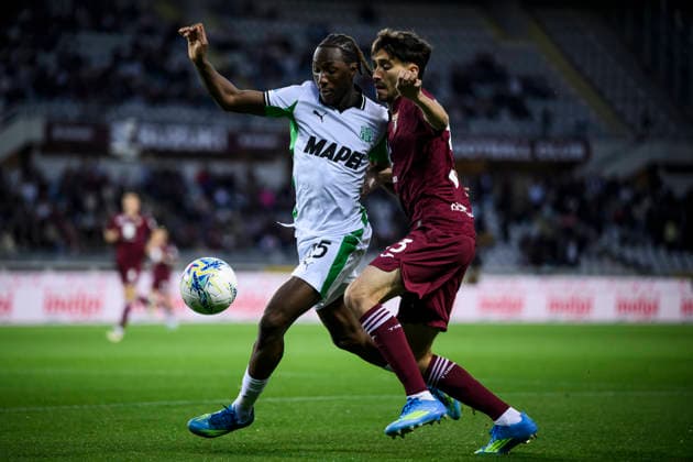 Torino FC v US Sassuolo - Serie A Woyo Coulibaly of US Sassuolo competes for the ball with Rafel Obrador of Torino FC during the Serie A football match between Torino FC and US Sassuolo. Turin Italy Copyright: xNicolòxCampox