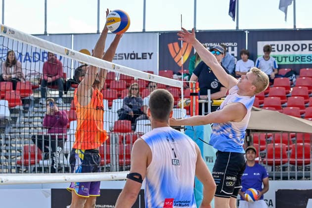 May 8, 2026, Madrid, Madrid, Spain: NATHAN MATOS of Spain and GEORG WOLF of Germany during the men s preliminary round match (Pool C) between the German national team, Nationalteam and the Spanish national team, held at the Beach Pro Tour Futures Madrid 2026 at the Parque Deportivo Puerta de Hierro on May 8, 2026, in Madrid, Spain. Beach Pro Tour Futures Madrid 2026 (Men s) - 05.08.26 (Day Two)  - ZUMAc312 20260508_zsp_c312_038 Copyright: xOscarxManuelxSanchezx