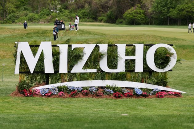 WEST CALDWELL, NJ - MAY 08: A general view of a Mizuho sign during the second round of the Mizuho Americas Open on May 8, 2026 at Mountain Ridge Country Club in West Caldwell, New Jersey. (Photo by Andrew Mordzynski Icon Sportswire) GOLF: MAY 08 LPGA, Golf Damen Mizuho Americas Open EDITORIAL USE ONLY Icon2605087733350