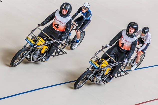 von links: Daniel Harnisch (Leipzig) hinter Thomas Baur (Singen, Schrittmacher), Robin Rautzenberg (Chemnitz) hinter Sven Lohse (Chemnitz, Schrittmacher), 08.05.2026, Erfurt (Deutschland), Bahnradsport, Steherrennen, Sparkasse Steher Grand Prix 2026