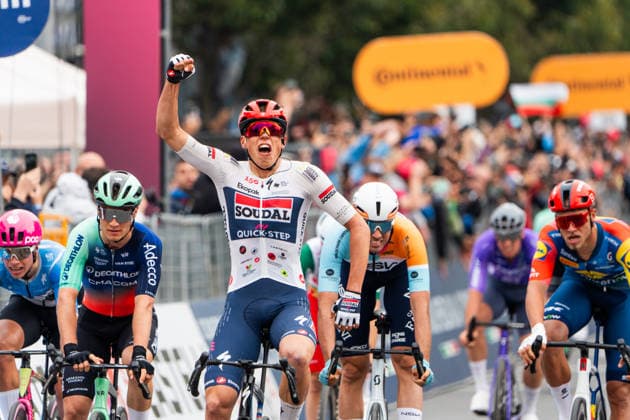 109th Giro d Italia 2026 - Stage 1 Paul Magnier celebrates at the finish line as the stage winner of the first stage of the 109th Giro d Italia in Burgas, Bulgaria, on May 8, 2026. Burgas Bulgaria  Copyright: xHristoxRusevx originalFilename:rusev-notitle260508_np2mW.jpg