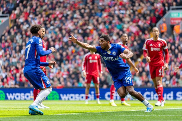 Football - FA Premier League - Liverpool FC v Chelsea FC LIVERPOOL, ENGLAND - Saturday, May 9, 2026: Chelsea s Wesley Fofana celebrates after scoring his side s first and equalising goal during the FA Premier League match between Liverpool FC and Chelsea FC at Anfield. (Photo by David Rawcliffe Propaganda) LIVERPOOL Anfield MERSEYSIDE ENGLAND  Copyright: xDavidxRawcliffex P2026-05-09-Liverpool_Chelsea-34