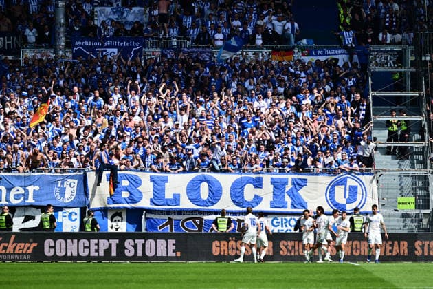 09.05.2026, Fußball, Herren, 2.BL (Bundesliga), Saison 2025 2026, Holstein Kiel - 1. FC Magdeburg, 33. Spieltag Torjubel Magdeburg Kiel, Holstein-Stadion Holstein-Stadion Schleswig-Holstein Deutschland *** 09 05 2026, Soccer, Men, 2 BL Bundesliga , Season 2025 2026, Holstein Kiel 1 FC Magdeburg, 33 Matchday Goal celebration Magdeburg Kiel, Holstein Stadion Holstein Stadion Schleswig Holstein Germany