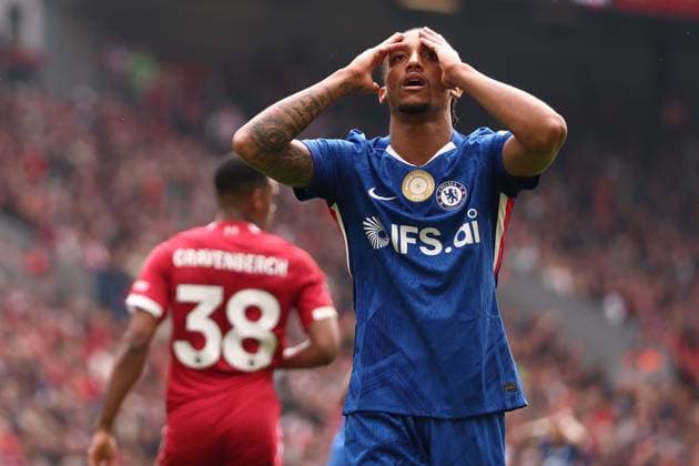 Joao Pedro of Chelsea shoots and reacts. Liverpool v Chelsea, Premier League, Football, Anfield, Liverpool , UK - 09 May 2026Liverpool Anfield United Kingdom EDITORIAL USE ONLY No use with unauthorised audio, video, data, fixture lists, club league logos or live services. Online in-match use limited to 120 images, no video emulation. No use in betting, games or single club league player publications.  Copyright: xRyanxBrowne Shutterstockx 16861683cj