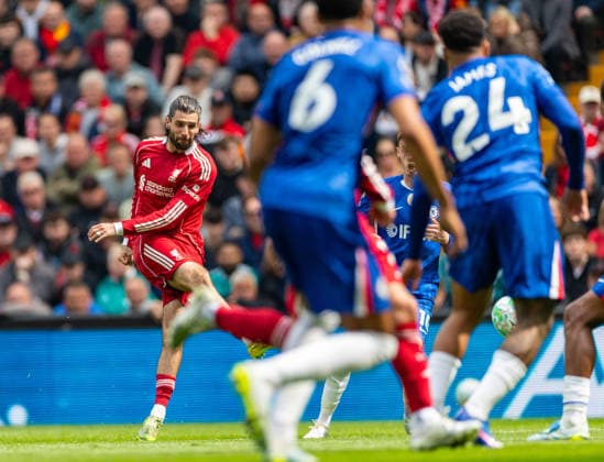 Football - FA Premier League - Liverpool FC v Chelsea FC LIVERPOOL, ENGLAND - Saturday, May 9, 2026: Liverpool s Dominik Szoboszlai with an attempt on goal during the FA Premier League match between Liverpool FC and Chelsea FC at Anfield. (Photo by David Rawcliffe Propaganda) LIVERPOOL Anfield MERSEYSIDE ENGLAND  Copyright: xDavidxRawcliffex P2026-05-09-Liverpool_Chelsea-75