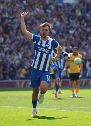 Football - 2025 2026 Premier League - Brighton & Hove Albion vs Wolverhampton Wanderers - The Amex - Saturday 9th May 2026 Jack Hinshelwood of Wolverhampton celebrates scoring the opening goal during the Premier League match at the Amex Stadium COLORSPORT Shaun Boggust 