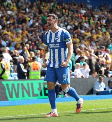 Premier League - Brighton & Hove Albion v Wolverhampton Wanderers BRIGHTON, ENGLAND, MAY 09: GOAL 2-0, Lewis Dunk of Brighton & Hove Albion goal celebration after scoring a goal to put Brighton & Hove Albion 2-0 ahead during the Premier League match between Brighton & Hove Albion v Wolverhampton Wanderers at the AMEX Community Stadium, Brighton, England, on May 9. (Photo by Daniel Weir) Brighton AMEX Community Stadium England Copyright: xDanielxWeir SportsxPressxPhotox Sportspressphoto_SPR143004