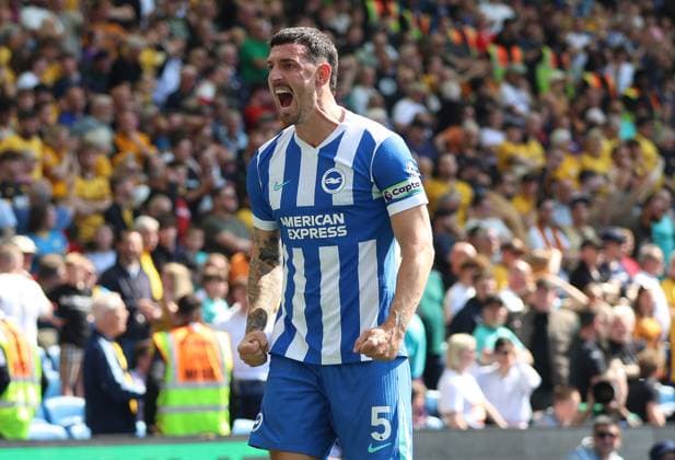 Premier League - Brighton & Hove Albion v Wolverhampton Wanderers BRIGHTON, ENGLAND, MAY 09: GOAL 2-0, Lewis Dunk of Brighton & Hove Albion goal celebration after scoring a goal to put Brighton & Hove Albion 2-0 ahead during the Premier League match between Brighton & Hove Albion v Wolverhampton Wanderers at the AMEX Community Stadium, Brighton, England, on May 9. (Photo by Daniel Weir) Brighton AMEX Community Stadium England Copyright: xDanielxWeir SportsxPressxPhotox Sportspressphoto_SPR143005