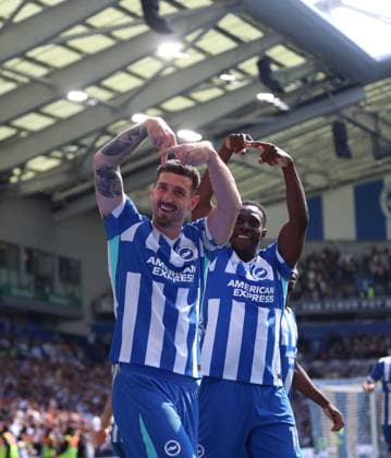 Premier League - Brighton & Hove Albion v Wolverhampton Wanderers BRIGHTON, ENGLAND, MAY 09: GOAL 2-0, Lewis Dunk of Brighton & Hove Albion goal celebration with Danny Welbeck of Brighton & Hove Albion after scoring a goal to put Brighton & Hove Albion 2-0 ahead during the Premier League match between Brighton & Hove Albion v Wolverhampton Wanderers at the AMEX Community Stadium, Brighton, England, on May 9. (Photo by Daniel Weir) Brighton AMEX Community Stadium England Copyright: xDanielxWeir SportsxPressxPhotox Sportspressphoto_SPR143008