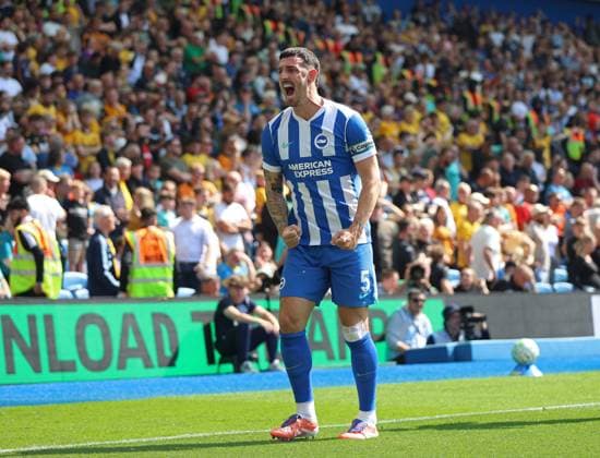 Premier League - Brighton & Hove Albion v Wolverhampton Wanderers BRIGHTON, ENGLAND, MAY 09: GOAL 2-0, Lewis Dunk of Brighton & Hove Albion goal celebration after scoring a goal to put Brighton & Hove Albion 2-0 ahead during the Premier League match between Brighton & Hove Albion v Wolverhampton Wanderers at the AMEX Community Stadium, Brighton, England, on May 9. (Photo by Daniel Weir) Brighton AMEX Community Stadium England Copyright: xDanielxWeir SportsxPressxPhotox Sportspressphoto_SPR143017