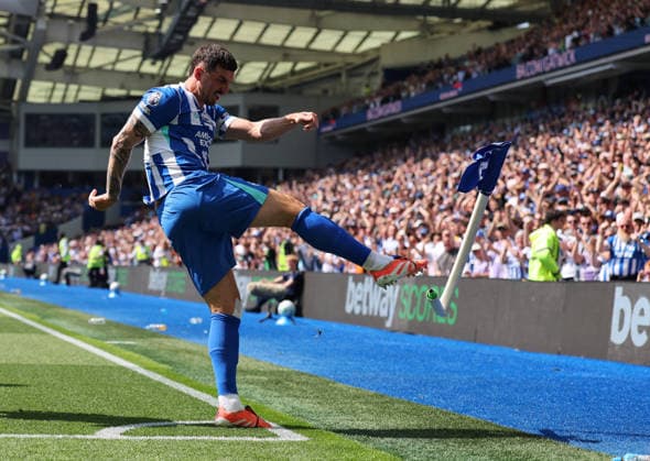 Football - 2025 2026 Premier League - Brighton & Hove Albion vs Wolverhampton Wanderers - The Amex - Saturday 9th May 2026 Lewis Dunk of Brighton celebrates scoring by kicking the corner flag during the Premier League match at the Amex Stadium COLORSPORT Shaun Boggust 