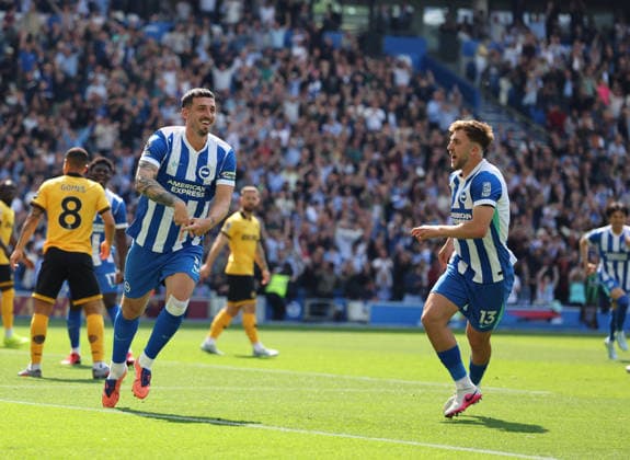 Football - 2025 2026 Premier League - Brighton & Hove Albion vs Wolverhampton Wanderers - The Amex - Saturday 9th May 2026 Lewis Dunk of Brighton celebrates scoring during the Premier League match at the Amex Stadium COLORSPORT Shaun Boggust 