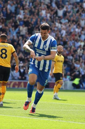 Football - 2025 2026 Premier League - Brighton & Hove Albion vs Wolverhampton Wanderers - The Amex - Saturday 9th May 2026 Lewis Dunk of Brighton celebrates scoring during the Premier League match at the Amex Stadium COLORSPORT Shaun Boggust 