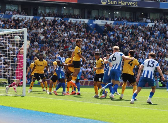 Football - 2025 2026 Premier League - Brighton & Hove Albion vs Wolverhampton Wanderers - The Amex - Saturday 9th May 2026 Lewis Dunk of Brighton heads in Brightons second goal during the Premier League match at the Amex Stadium COLORSPORT Shaun Boggust 