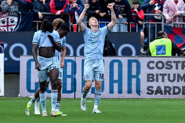 Udinese s Adam Buksa celebrates after scoring the goal for 0-1 during the Serie A soccer match between Cagliari Calcio and Udinese at the Unipol Domus in Cagliari, Sardinia - Saturday 9th May. - Soccer  Copyright: xGianlucaxZuddas LaPressex