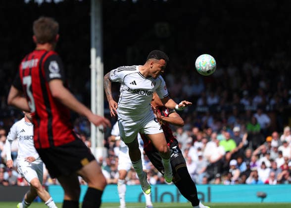 9th May 2026; Craven Cottage, Fulham, London, England; Premier League Football, Fulham versus Bournemouth; Rodrigo Muniz of Fulham heads the ball on goal JPxFletcher