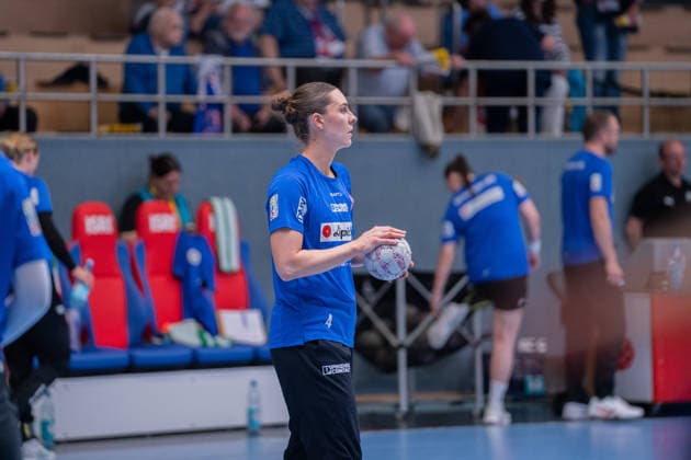 HSG Blomberg-Lippe (GER) vs. Thueringer HC (GER) Handball, 1. Handball Bundesliga Frauen, Halbfinale, Spiel 3, 9.5.2026, Saision 2025 2026, Blomberg Andrea Jacobsen (HSG Blomberg-Lippe, 04) beim Aufwearmen Blomberg Sporthalle an der Ulmenallee Deutschland