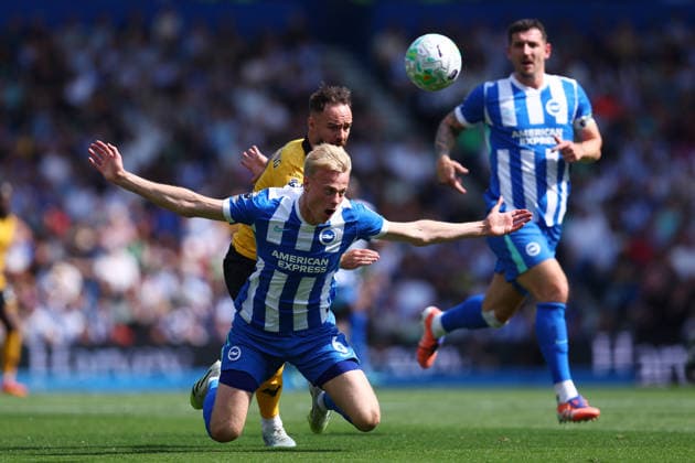 Brighton and Hove, England, 9th May 2026. Jan Paul van Hecke of Brighton and Hove Albion is fouled by Adam Armstrong of Wolverhampton Wanderers during the Brighton and Hove Albion vs Wolverhampton Wanderers Premier League match at the AMEX Stadium, Brighton and Hove. Picture credit should read: Paul Terry Sportimage EDITORIAL USE ONLY. No use with unauthorised audio, video, data, fixture lists, club league logos or live services. Online in-match use limited to 120 images, no video emulation. No use in betting, games or single club league player publications. SPI_025_PT_Brighton_Wolves SPI-4789-0025
