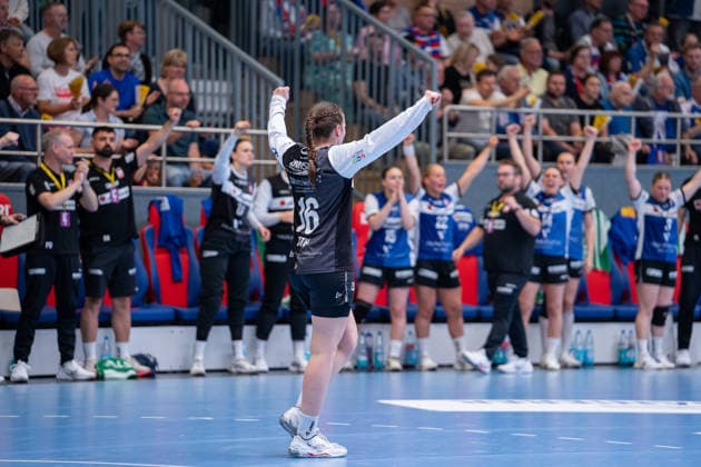HSG Blomberg-Lippe (GER) vs. Thueringer HC (GER) Handball, 1. Handball Bundesliga Frauen, Halbfinale, Spiel 3, 9.5.2026, Saision 2025 2026, Blomberg Melanie Veith (HSG Blomberg-Lippe, 16) jubelt nach einer Parade Blomberg Sporthalle an der Ulmenallee Deutschland