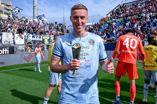 Udinese s Adam Buksa is the Panini Player of the Match during the Serie A soccer match between Cagliari Calcio and Udinese at the Unipol Domus in Cagliari, Sardinia - Saturday 9th May. - Soccer  Copyright: xGianlucaxZuddas LaPressex