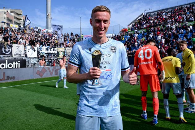 Udinese s Adam Buksa is the Panini Player of the Match during the Serie A soccer match between Cagliari Calcio and Udinese at the Unipol Domus in Cagliari, Sardinia - Saturday 9th May. - Soccer  Copyright: xGianlucaxZuddas LaPressex