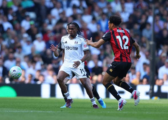 9th May 2026; Craven Cottage, Fulham, London, England; Premier League Football, Fulham versus Bournemouth; Samuel Chukwueze of Fulham under pressure from Tyler Adams of AFC Bournemouth JPxFletcher