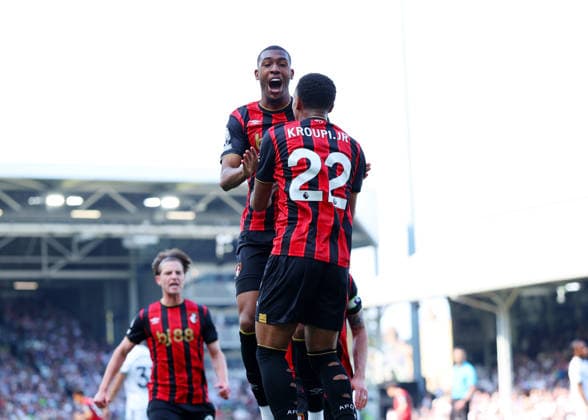 9th May 2026; Craven Cottage, Fulham, London, England; Premier League Football, Fulham versus Bournemouth; Rayan of AFC Bournemouth celebrates with Eli Junior Kroupi of AFC Bournemouth after scoring his sides 1st goal in the 53rd minute to make it 0-1 JPxFletcher