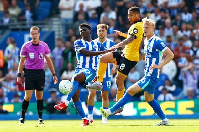 Carlos Baleba of Brighton and Hove Albion and Joao Gomes of Wolverhampton Wanderers. Brighton and Hove Albion v Wolverhampton Wanderers, Premier League, Football, American Express Community Stadium, Brighton , UK - 09 May 2026Brighton American Express Community Stadi United Kingdom EDITORIAL USE ONLY No use with unauthorised audio, video, data, fixture lists, club league logos or live services. Online in-match use limited to 120 images, no video emulation. No use in betting, games or single club league player publications. Copyright: xJamesxMarsh Shutterstockx 16861685bi