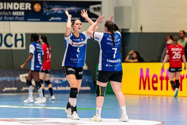 v.l. Andrea Jacobsen (HSG Blomberg-Lippe, 04), Diana Magnusdottir (HSG Blomberg-Lippe, 07) im Torjubel GER, HSG Blomberg-Lippe vs. Thueringer HC, Handball, 1. Bundesliga Frauen, Play-Offs, Halbfinale, Spiel 3, 09.05.2026 GER, HSG Blomberg-Lippe vs. Thueringer HC, Handball, 1. Bundesliga Frauen, Play-Offs, Halbfinale, Spiel 3, 09.05.2026 Blomberg Copyright: xEibner-Pressefoto JanxRollingerx EP_JSK