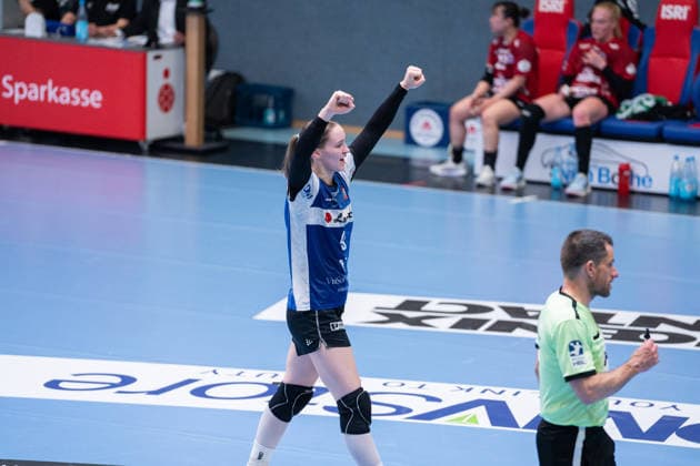 HSG Blomberg-Lippe (GER) vs. Thueringer HC (GER) Handball, 1. Handball Bundesliga Frauen, Halbfinale, Spiel 3, 9.5.2026, Saision 2025 2026, Blomberg Nieke Kuehne (HSG Blomberg-Lippe, 09) jubelt ueber einen 7-Meter Blomberg Sporthalle an der Ulmenallee Deutschland