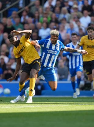 Brighton and Hove Albion v Wolverhampton, Premier League, Football, Amex Stadium, Brighton, UK - 09 May 2026 Yerson Mosquera of Wolves and Georginio Rutter of Brighton. Brighton Amex Stadium Brighton UK, UK NEWSPAPERS OUT Copyright: xSeanxRyanx
