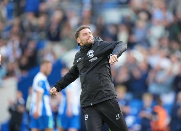 Brighton and Hove Albion v Wolverhampton, Premier League, Football, Amex Stadium, Brighton, UK - 09 May 2026 Fabian Hurzeler manager of Brighton pumps the air in celebration after a 3-0 win. Brighton Amex Stadium Brighton UK, UK NEWSPAPERS OUT Copyright: xSeanxRyanx