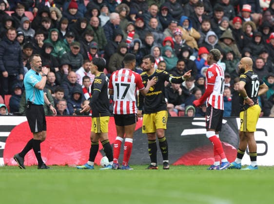 Sunderland, England, 9th May 2026. Bruno Fernandes of Manchester United, ManU reacts with Reinildo Mandava during the Sunderland vs Manchester United Premier League match at the Stadium Of Light, Sunderland. Picture credit should read: Nigel Roddis Sportimage EDITORIAL USE ONLY. No use with unauthorised audio, video, data, fixture lists, club league logos or live services. Online in-match use limited to 120 images, no video emulation. No use in betting, games or single club league player publications. SPI_030_NR_SUND_MANC SPI-4790-0028