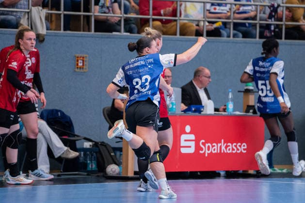 HSG Blomberg-Lippe (GER) vs. Thueringer HC (GER) Handball, 1. Handball Bundesliga Frauen, Halbfinale, Spiel 3, 9.5.2026, Saision 2025 2026, Blomberg Elin Magnusdottir (HSG Blomberg-Lippe, 33) jubelt nach einem Tor Blomberg Sporthalle an der Ulmenallee Deutschland