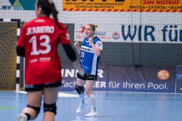 HSG Blomberg-Lippe (GER) vs. Thueringer HC (GER) Handball, 1. Handball Bundesliga Frauen, Halbfinale, Spiel 3, 9.5.2026, Saision 2025 2026, Blomberg Alexia Hauf (HSG Blomberg-Lippe, 31) jubelt nach einem Tor Blomberg Sporthalle an der Ulmenallee Deutschland