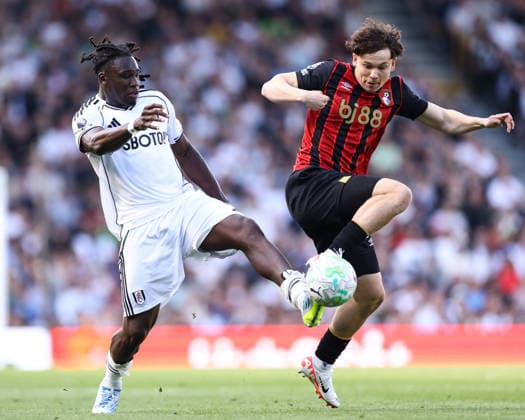 Fulham v Bournemouth 09 May 2026, London - Premier League Football - Fulham v Bournemouth - Calvin Bassey of Fulham and Alex Toth of Bournemouth - Photo: Jacques Feeney Offside. London UK Copyright: xJacquesxFeeneyx xOffsidexOffside