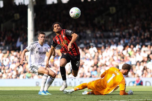Fulham v Bournemouth 09 May 2026, London - Premier League Football - Fulham v Bournemouth - Amine Adli of Bournemouth is tackled by Fulham goalkeeper Bernd Leno - Photo: Jacques Feeney Offside. London UK Copyright: xJacquesxFeeneyx xOffsidexOffside