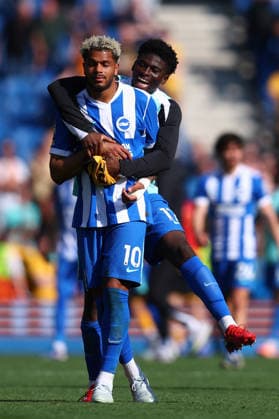 Brighton and Hove, England, 9th May 2026. Georginio Rutter of Brighton and Hove Albion and Carlos Baleba of Brighton and Hove Albion celebrate after the Brighton and Hove Albion vs Wolverhampton Wanderers Premier League match at the AMEX Stadium, Brighton and Hove. Picture credit should read: Paul Terry Sportimage EDITORIAL USE ONLY. No use with unauthorised audio, video, data, fixture lists, club league logos or live services. Online in-match use limited to 120 images, no video emulation. No use in betting, games or single club league player publications. SPI_048_PT_Brighton_Wolves SPI-4789-0048